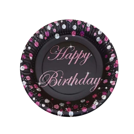 Pink Black HBD 7inches Dessert Paper Plate 8pcs